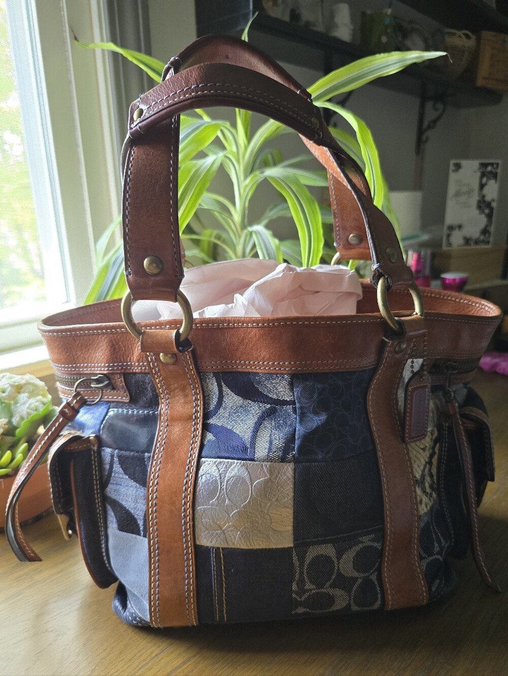 Coach Patchwork Signature Tote with Brown Leather Trim